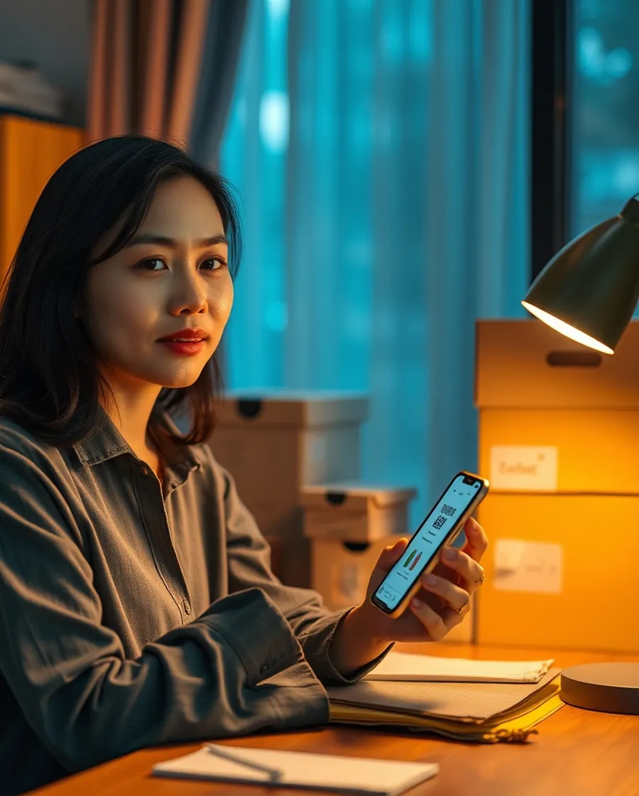 Chủ shop xem trang bán hàng trên điện thoại buổi tối